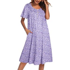 imageEkouaer Nightgowns for Women Short Sleeve House Dress with Pockets Floral Print Mumu DressSmall Florals Purple