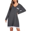 imageEkouaer Womens Nightgown Striped Tee Long Sleeve Comfy Sleep Nightshirt Button Down Pajama DressDark Grey