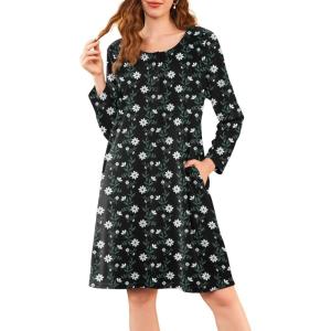imageEkouaer Flannel Nightgowns for Women Long Sleeve Sleepwear Pajama Dress Button Sleepshirts with PocketsBlack Daisy Flower