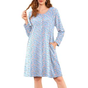 imageEkouaer Flannel Nightgowns for Women Long Sleeve Sleepwear Pajama Dress Button Sleepshirts with PocketsBlue Floral