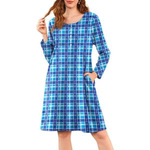imageEkouaer Flannel Nightgowns for Women Long Sleeve Sleepwear Pajama Dress Button Sleepshirts with PocketsBlue Plaid