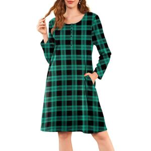 imageEkouaer Flannel Nightgowns for Women Long Sleeve Sleepwear Pajama Dress Button Sleepshirts with PocketsGreen Plaid