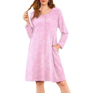 imageEkouaer Flannel Nightgowns for Women Long Sleeve Sleepwear Pajama Dress Button Sleepshirts with PocketsPink Floral