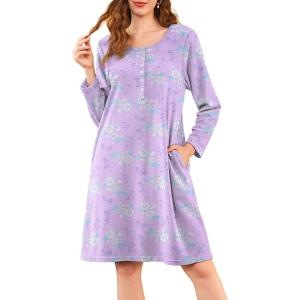 imageEkouaer Flannel Nightgowns for Women Long Sleeve Sleepwear Pajama Dress Button Sleepshirts with PocketsPurple Floral