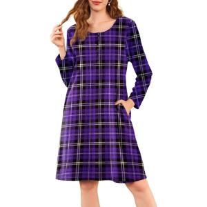 imageEkouaer Flannel Nightgowns for Women Long Sleeve Sleepwear Pajama Dress Button Sleepshirts with PocketsPurple Plaid