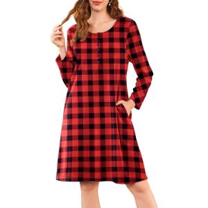 imageEkouaer Flannel Nightgowns for Women Long Sleeve Sleepwear Pajama Dress Button Sleepshirts with PocketsRed Black Plaid