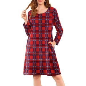 imageEkouaer Flannel Nightgowns for Women Long Sleeve Sleepwear Pajama Dress Button Sleepshirts with PocketsRed Plaid