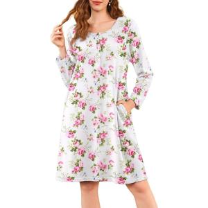 imageEkouaer Flannel Nightgowns for Women Long Sleeve Sleepwear Pajama Dress Button Sleepshirts with PocketsWhite Pink Rose