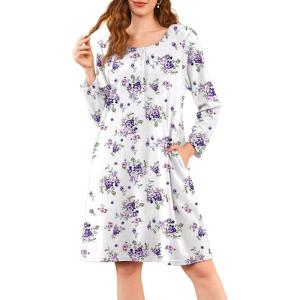 imageEkouaer Flannel Nightgowns for Women Long Sleeve Sleepwear Pajama Dress Button Sleepshirts with PocketsWhite Purple Rose