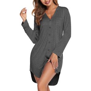 imageEkouaer Womens Button Down Nightgown Long Sleeves Sleepwear V Neck Nightgowns for WomenDark Grey