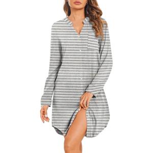 imageEkouaer Womens Button Down Nightgown Long Sleeves Sleepwear V Neck Nightgowns for WomenGrey Stripes