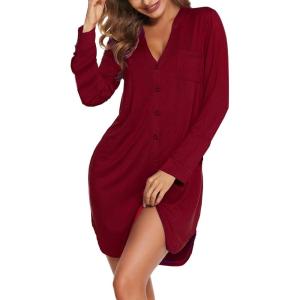imageEkouaer Womens Button Down Nightgown Long Sleeves Sleepwear V Neck Nightgowns for WomenWine Red