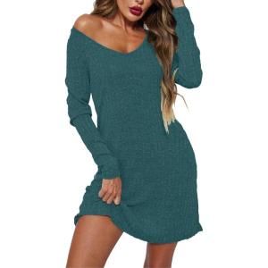 imageEkouaer Womens Nightgown Long Sleeve Rib Knit Pajama Dress V Neck Soft Loungewear Sleepwear SXXLBlue Green