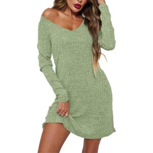 imageEkouaer Womens Nightgown Long Sleeve Rib Knit Pajama Dress V Neck Soft Loungewear Sleepwear SXXLGreen