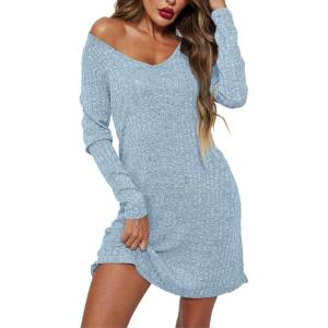 imageEkouaer Womens Nightgown Long Sleeve Rib Knit Pajama Dress V Neck Soft Loungewear Sleepwear SXXLLight Blue
