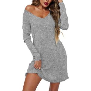 imageEkouaer Womens Nightgown Long Sleeve Rib Knit Pajama Dress V Neck Soft Loungewear Sleepwear SXXLLight Grey