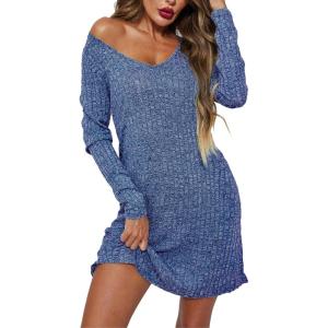 imageEkouaer Womens Nightgown Long Sleeve Rib Knit Pajama Dress V Neck Soft Loungewear Sleepwear SXXLNavy Blue