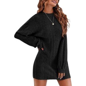 imageEkouaer Womens Nightgown Long Sleeve Ribbed Knit Nightshirt Round Neck Sleep Shirt Soft Sweater Dress SXXLBlack