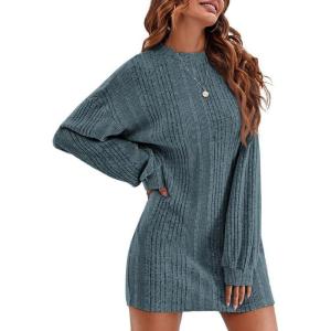 imageEkouaer Womens Nightgown Long Sleeve Ribbed Knit Nightshirt Round Neck Sleep Shirt Soft Sweater Dress SXXLBlue