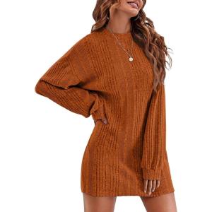 imageEkouaer Womens Nightgown Long Sleeve Ribbed Knit Nightshirt Round Neck Sleep Shirt Soft Sweater Dress SXXLCaramel