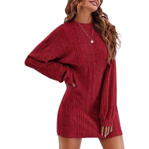 imageEkouaer Womens Nightgown Long Sleeve Ribbed Knit Nightshirt Round Neck Sleep Shirt Soft Sweater Dress SXXLDark Red