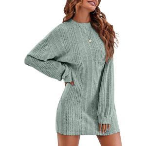 imageEkouaer Womens Nightgown Long Sleeve Ribbed Knit Nightshirt Round Neck Sleep Shirt Soft Sweater Dress SXXLLight Green
