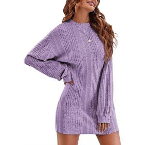 imageEkouaer Womens Nightgown Long Sleeve Ribbed Knit Nightshirt Round Neck Sleep Shirt Soft Sweater Dress SXXLLilac