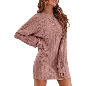 imageEkouaer Womens Nightgown Long Sleeve Ribbed Knit Nightshirt Round Neck Sleep Shirt Soft Sweater Dress SXXLMisty Rose