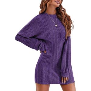 imageEkouaer Womens Nightgown Long Sleeve Ribbed Knit Nightshirt Round Neck Sleep Shirt Soft Sweater Dress SXXLPurple