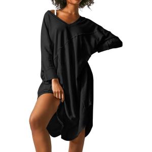 imageEkouaer Womens Nightgown Long Sleeve Sleepshirt V Neck Nightshirt Casual Loungewear Soft SleepwearBlack