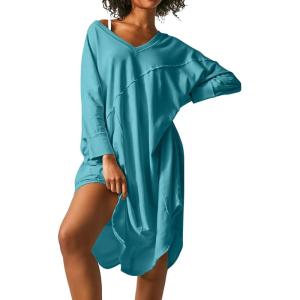 imageEkouaer Womens Nightgown Long Sleeve Sleepshirt V Neck Nightshirt Casual Loungewear Soft SleepwearBlue