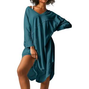 imageEkouaer Womens Nightgown Long Sleeve Sleepshirt V Neck Nightshirt Casual Loungewear Soft SleepwearBlue Green