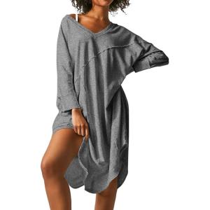 imageEkouaer Womens Nightgown Long Sleeve Sleepshirt V Neck Nightshirt Casual Loungewear Soft SleepwearGrey