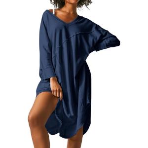 imageEkouaer Womens Nightgown Long Sleeve Sleepshirt V Neck Nightshirt Casual Loungewear Soft SleepwearNavy Blue