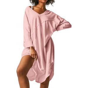 imageEkouaer Womens Nightgown Long Sleeve Sleepshirt V Neck Nightshirt Casual Loungewear Soft SleepwearPink