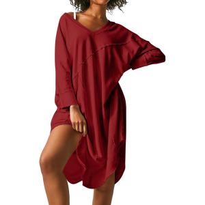 imageEkouaer Womens Nightgown Long Sleeve Sleepshirt V Neck Nightshirt Casual Loungewear Soft SleepwearWine Red