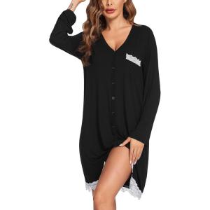 imageEkouaer Womens Nightgown Striped Tee Long Sleeve Comfy Sleep Nightshirt Button Down Pajama DressBlack
