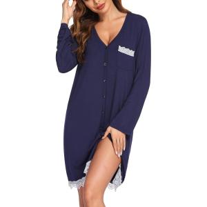 imageEkouaer Womens Nightgown Striped Tee Long Sleeve Comfy Sleep Nightshirt Button Down Pajama DressNavy Blue