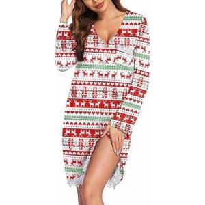imageEkouaer Womens Nightgown Striped Tee Long Sleeve Comfy Sleep Nightshirt Button Down Pajama DressRed