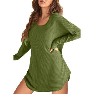 imageEkouaer Womens Nightgown Waffle Knit Long Sleeve Nightgown Sleep shirts Night Dress for Women SXXLArmy Green