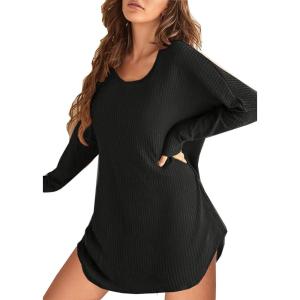 imageEkouaer Womens Nightgown Waffle Knit Long Sleeve Nightgown Sleep shirts Night Dress for Women SXXLBalck