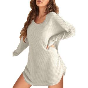 imageEkouaer Womens Nightgown Waffle Knit Long Sleeve Nightgown Sleep shirts Night Dress for Women SXXLBeige