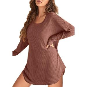 imageEkouaer Womens Nightgown Waffle Knit Long Sleeve Nightgown Sleep shirts Night Dress for Women SXXLBrick Red
