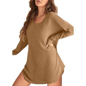 imageEkouaer Womens Nightgown Waffle Knit Long Sleeve Nightgown Sleep shirts Night Dress for Women SXXLBrown