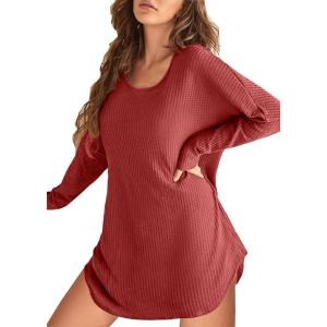 imageEkouaer Womens Nightgown Waffle Knit Long Sleeve Nightgown Sleep shirts Night Dress for Women SXXLRed