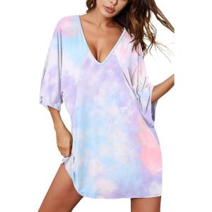 imageEkouaer Womens Sleepshirt Deep V Neck Nightgown Batwing Nightshirt Oversized SleepwearBlue Purple Tie Dye