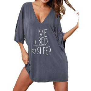 imageEkouaer Womens Sleepshirt Deep V Neck Nightgown Batwing Nightshirt Oversized SleepwearGrey Letters