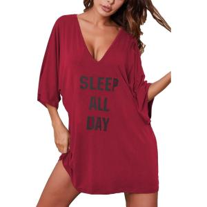 imageEkouaer Womens Sleepshirt Deep V Neck Nightgown Batwing Nightshirt Oversized SleepwearRed Letters