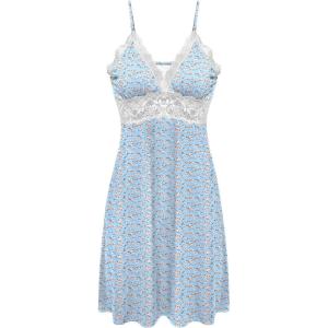 imageEkouaer Sleepwear Womens Chemise Nightgown Full Slip Lace Lounge DressBlue Flower