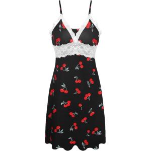 imageEkouaer Sleepwear Womens Chemise Nightgown Full Slip Lace Lounge DressCherry Print